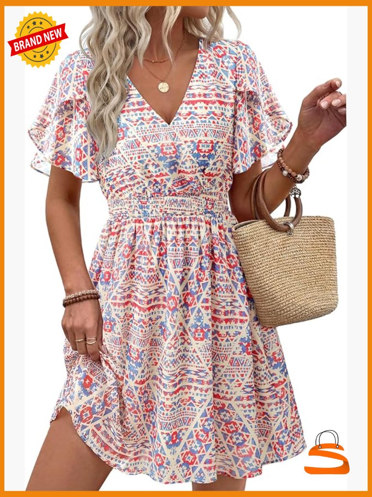 Boho Ruffle Sleeve V-Neck Flowy Chiffon Wedding Guest Dress